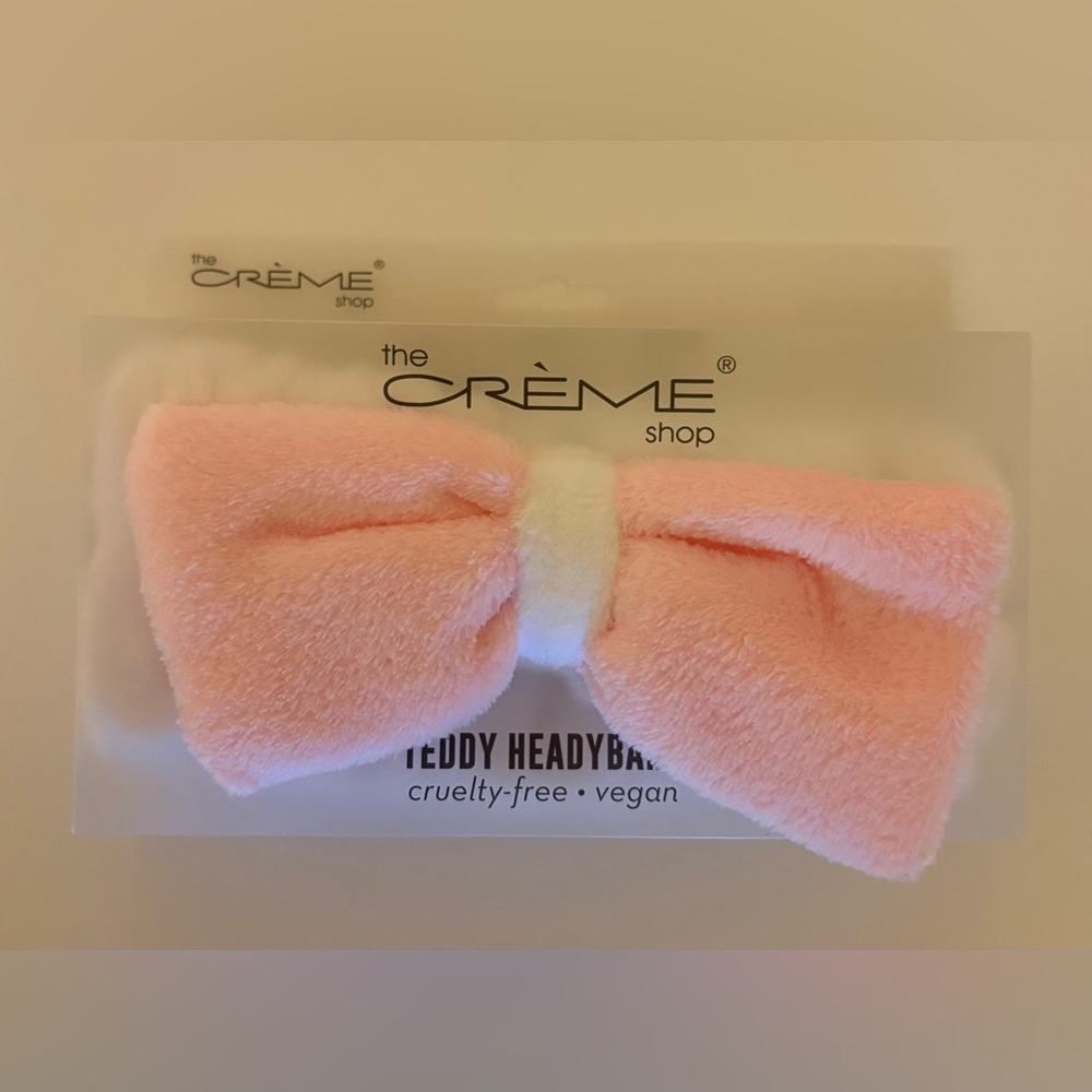 The Crème Shop Teddy Plush Pink & White Bow Spa Headband Korean Skincare NWT